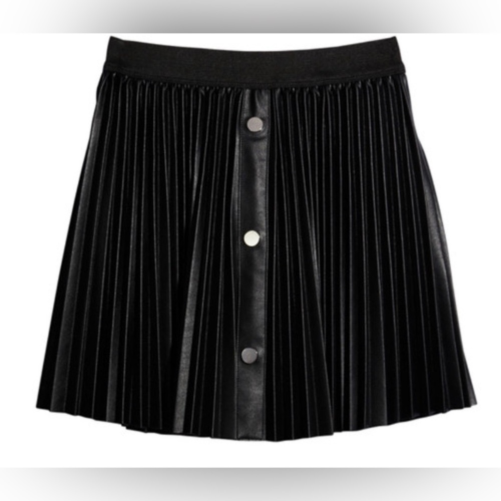 Hannah Banana Black Pleated Faux-Leather Button-Front Skirt Girls Size 8